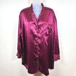 VTG Victoria's Secret Gold Label Satin Shirt Nightgown Sz M Burgundy Pocket Logo